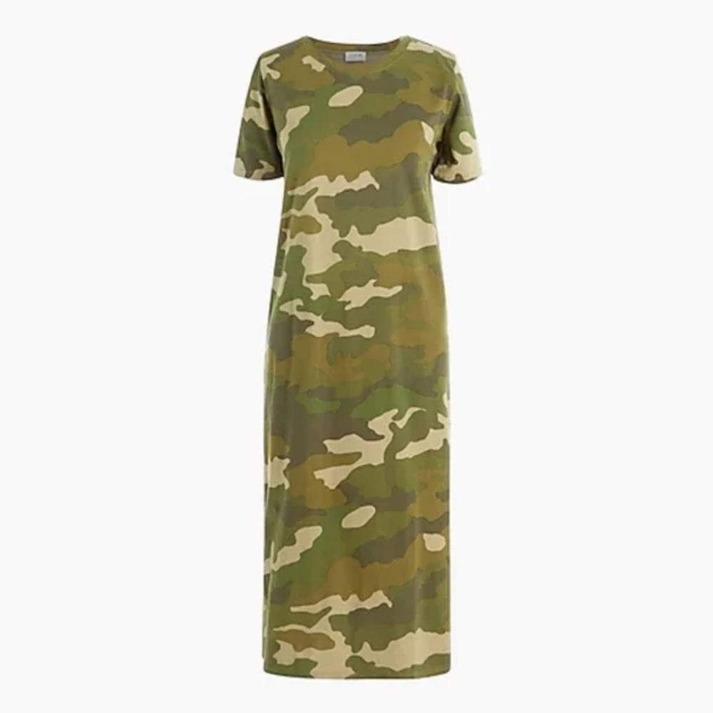 New! J.CREW sz XS X-Small Camouflage T-Shirt Dress Short Sleeve Midi Camo NWT